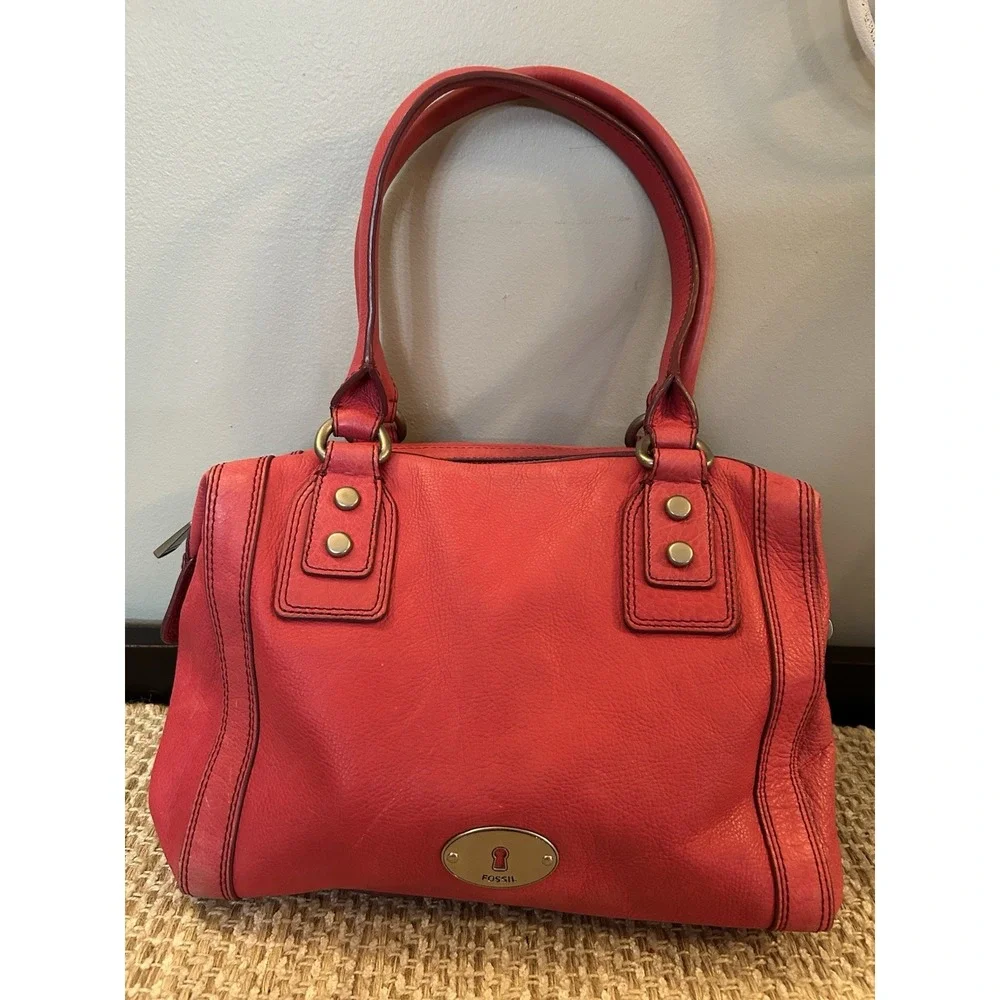 Vtg FOSSIL Long Live Marlow Satchell Handbag Pink Pebble Leather Gunmetal